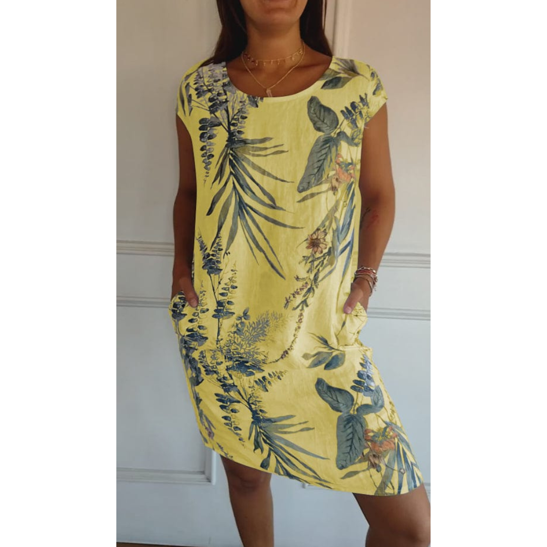 Vooraanzicht Margarita jurk, zomerjurk met ronde hals, comfortabel, stijlvol, elegant ontwerp