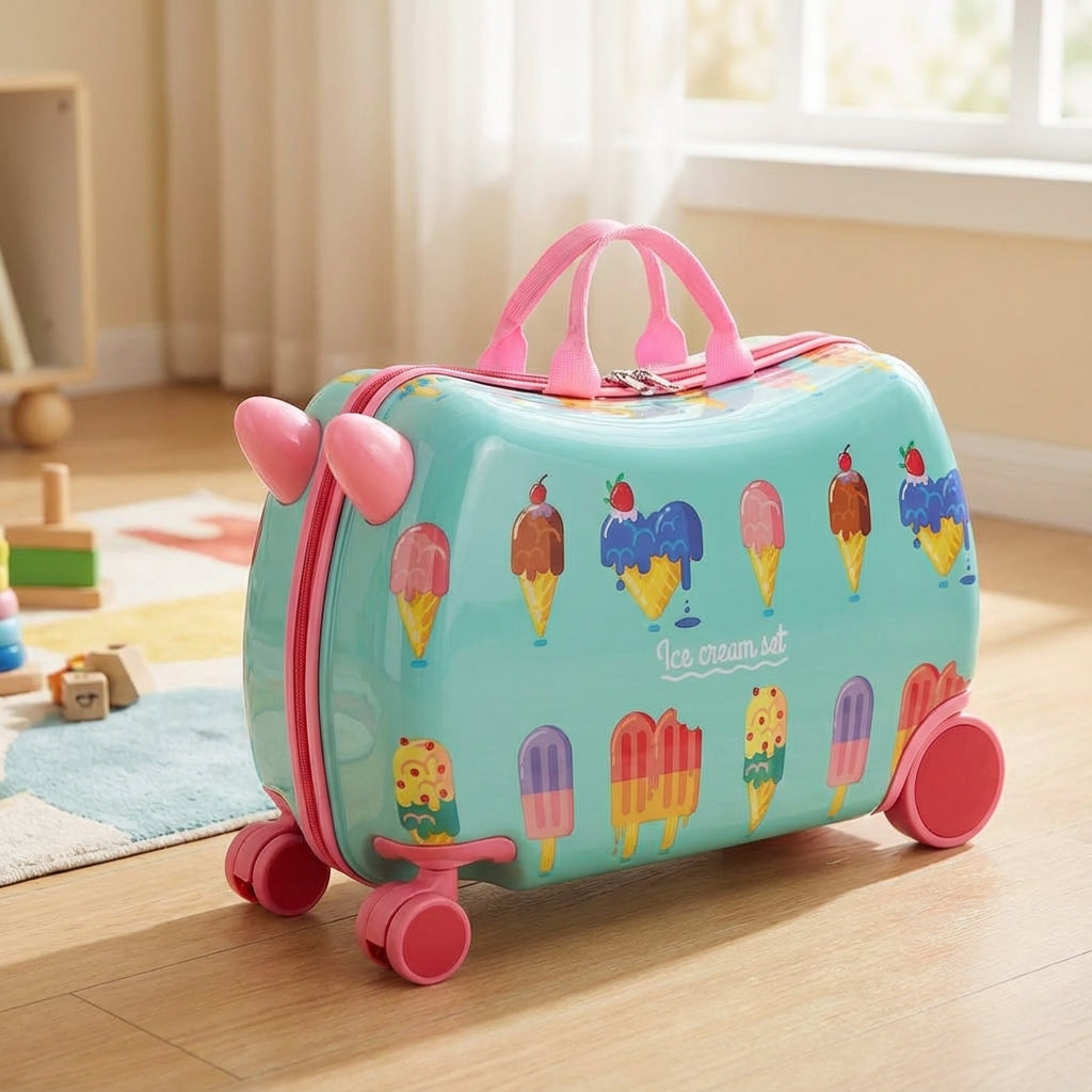 Vrolijke RidePop hardshell kinderreiskoffer met geïntegreerd zitje voor compact en zorgeloos reizen.