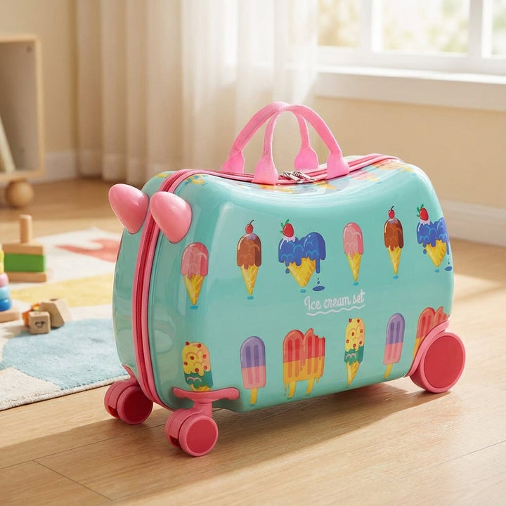 Vrolijke RidePop hardshell kinderreiskoffer met geïntegreerd zitje voor compact en zorgeloos reizen.