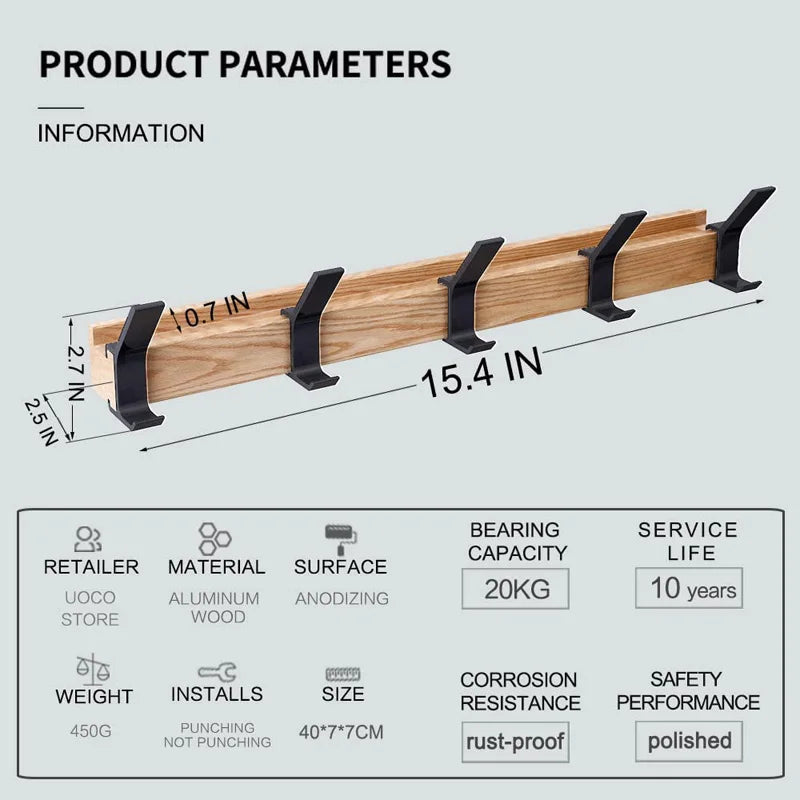 Wandkapstok met beweegbare haken van hout en metaal in scandinavisch design, geschikt voor hal of slaapkamer.