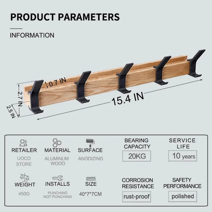 Wandkapstok met beweegbare haken van hout en metaal in scandinavisch design, geschikt voor hal of slaapkamer.
