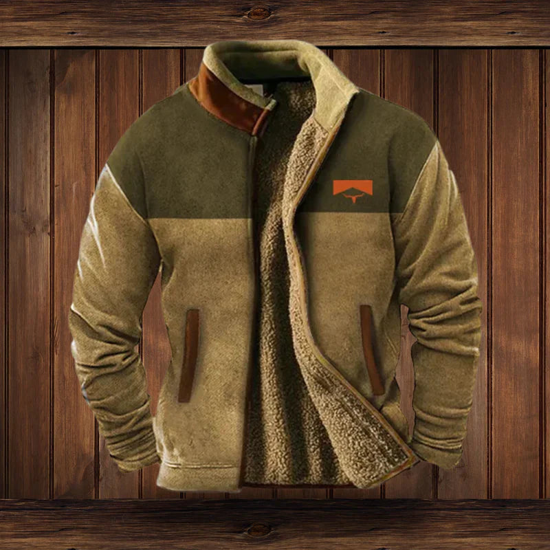 Modieus herfst/winter herenvest met rits en een tijdloos vintage patroon, warm en stijlvol.