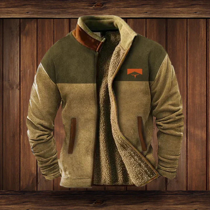Modieus herfst/winter herenvest met rits en een tijdloos vintage patroon, warm en stijlvol.