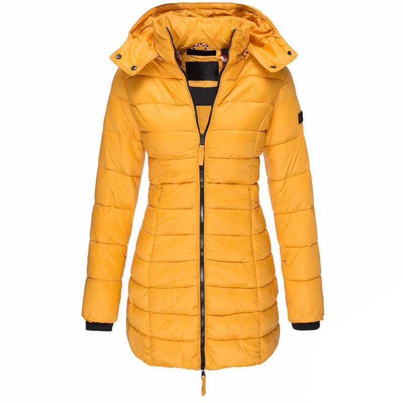 Lange dames winterjas donsjack met capuchon en ritssluiting. Perfecte warme bovenkleding voor vrouwen.