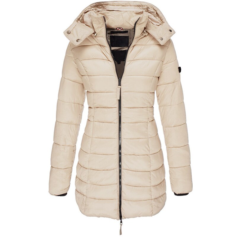 Dames donsjack met capuchon, perfect als warme outdoor winterjas. Ideaal voor herfst en winter.