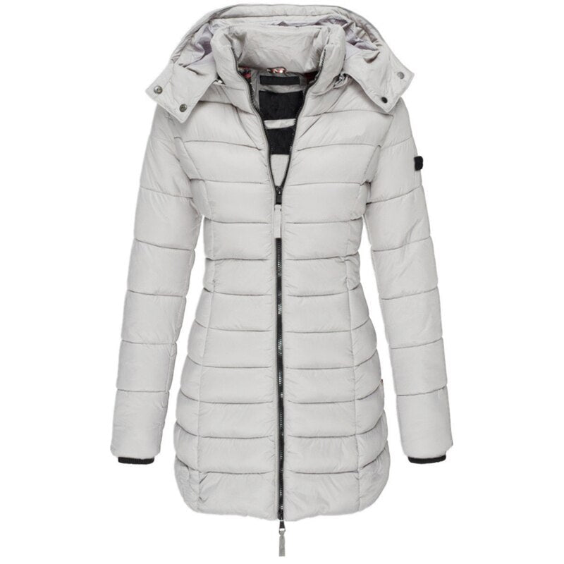 Warme dames donsjack Olivia met capuchon, essentiële wintermode. Comfortabele bovenkleding met ritssluiting.