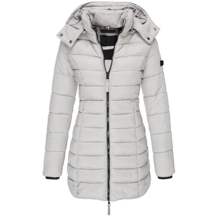 Warme dames donsjack Olivia met capuchon, essentiële wintermode. Comfortabele bovenkleding met ritssluiting.