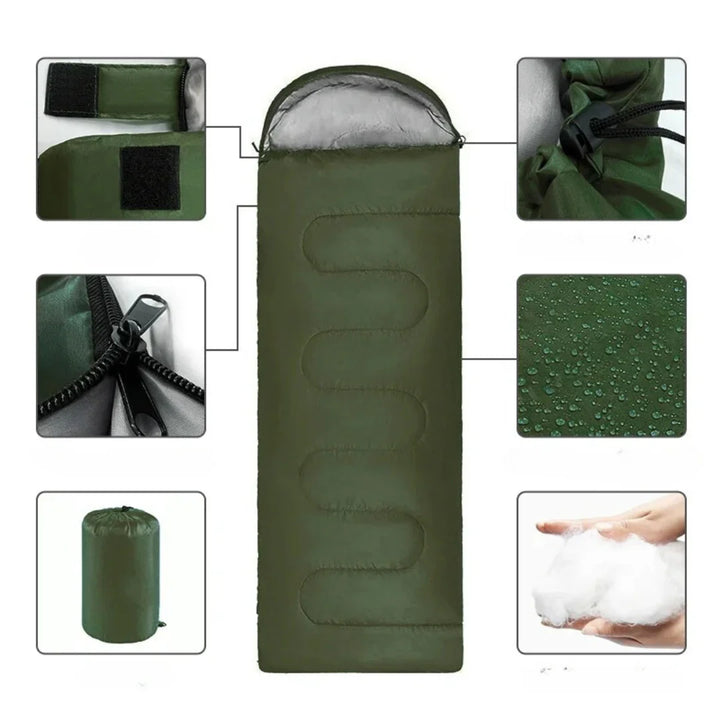 Warmte-geïsoleerde slaapzak, ideaal voor kamperen, waterafstotend en comfortabel, voor een goede nachtrust buiten.