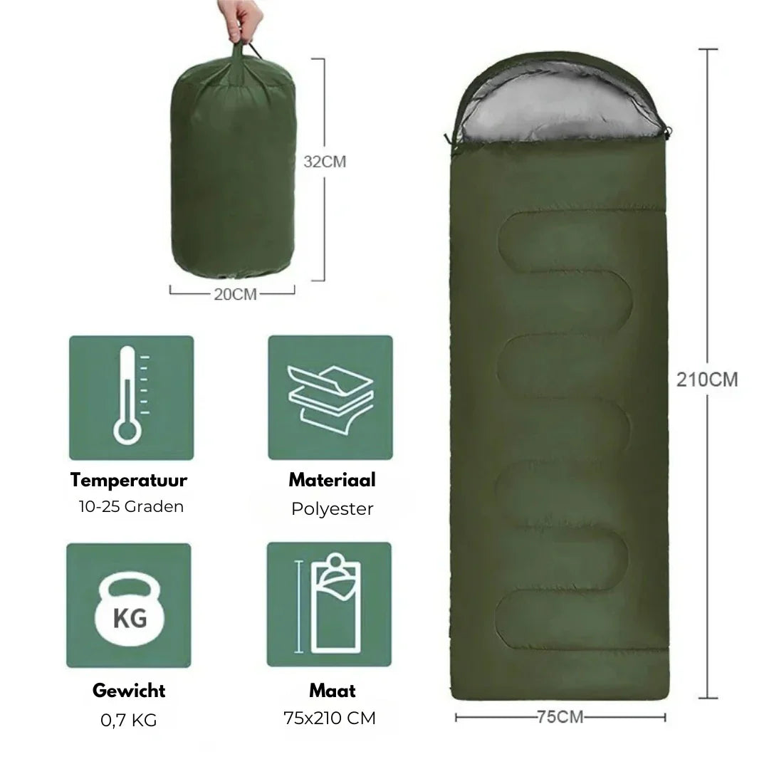 Warmte-geïsoleerde slaapzak, ideaal voor kamperen, waterafstotend en comfortabel, voor een goede nachtrust buiten.