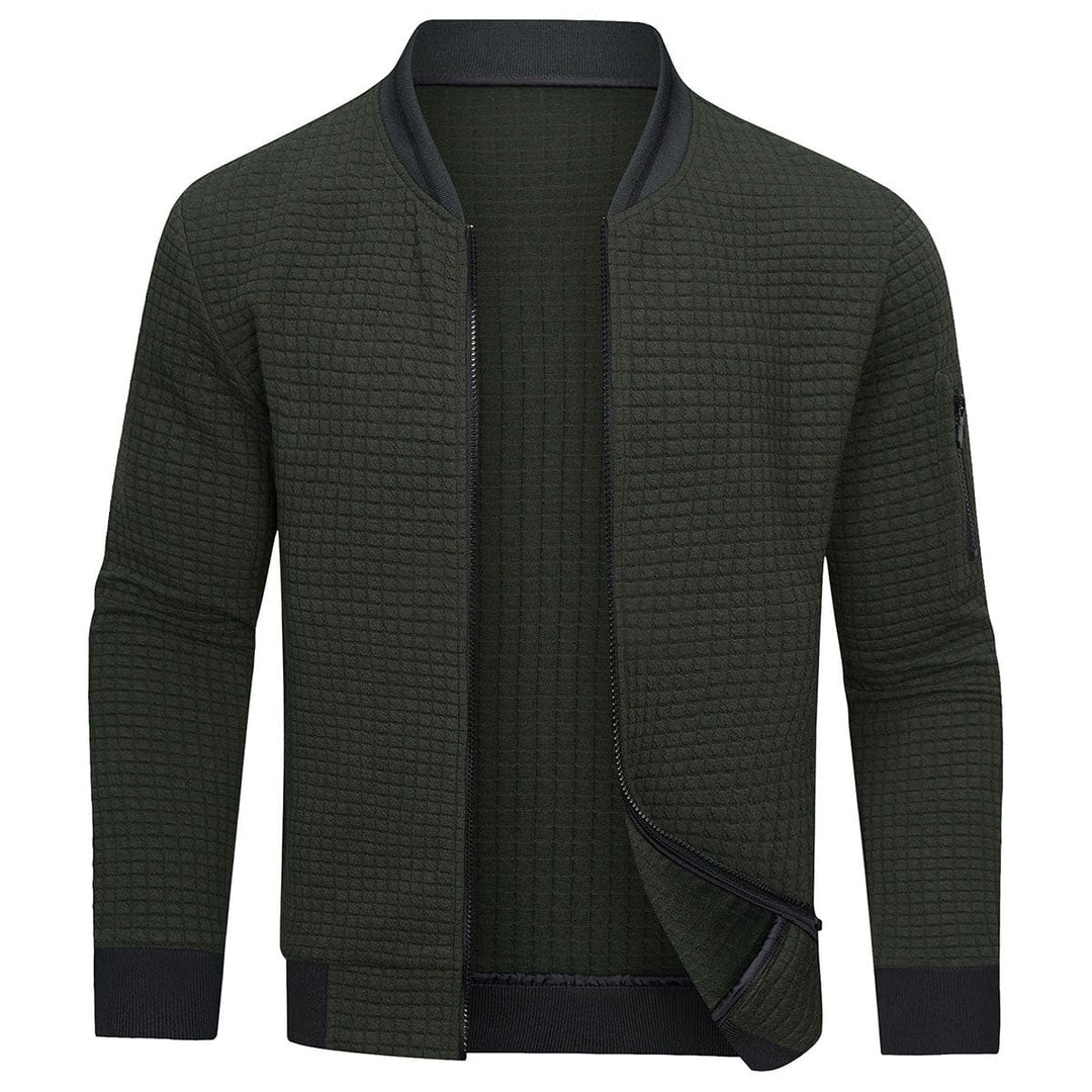 Grijze herenpullover met rits, close-up van de textuur en de comfortabele pasvorm.