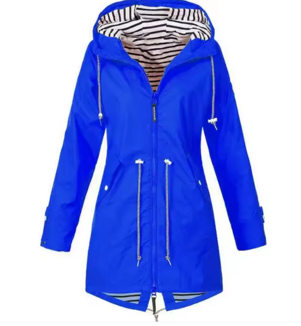 Waterdichte damesjas met capuchon, beschikbaar in Blauw, Geel, Navy, Roze, Rood, Zwart; stijlvol en functioneel.