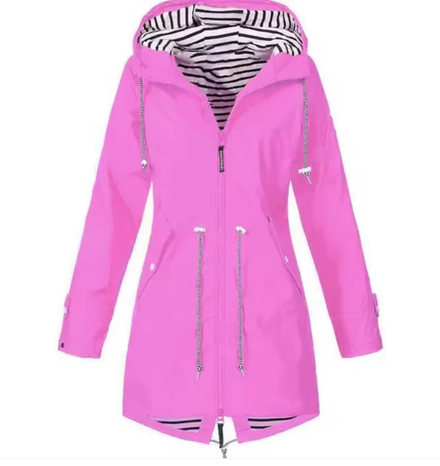 Waterdichte damesjas met capuchon, beschikbaar in Blauw, Geel, Navy, Roze, Rood, Zwart; stijlvol en functioneel.