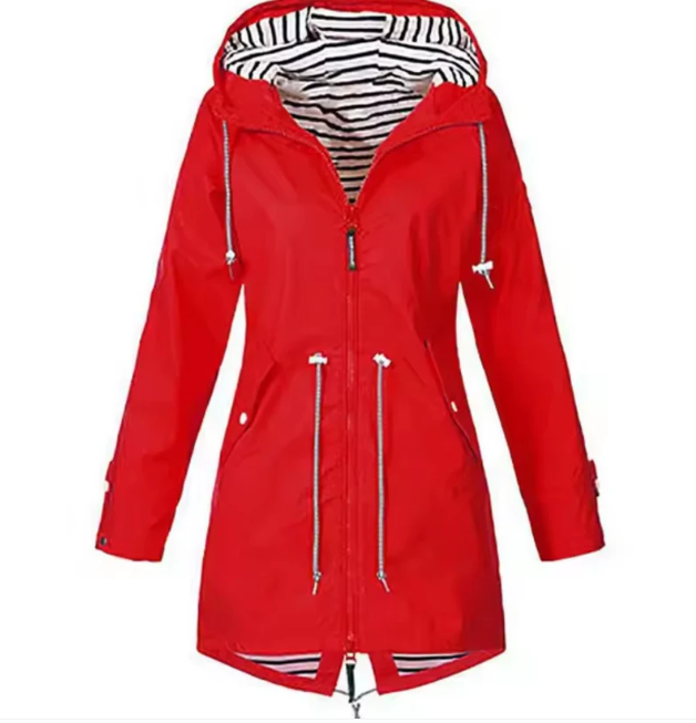Waterdichte damesjas met capuchon, beschikbaar in Blauw, Geel, Navy, Roze, Rood, Zwart; stijlvol en functioneel.