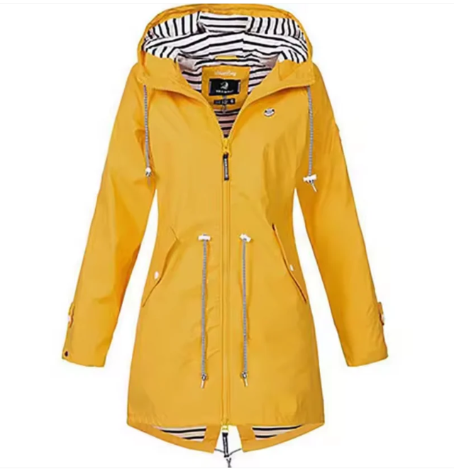 Waterdichte damesjas met capuchon, beschikbaar in Blauw, Geel, Navy, Roze, Rood, Zwart; stijlvol en functioneel.