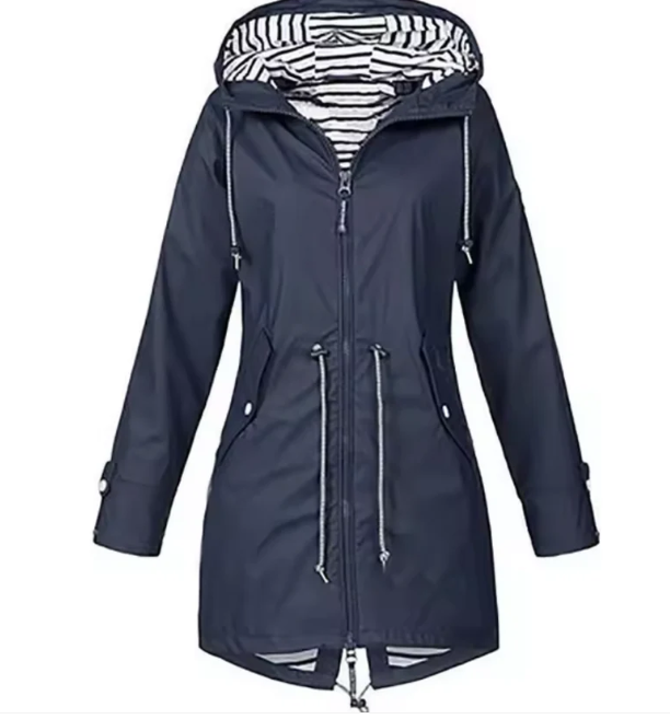 Waterdichte damesjas met capuchon, beschikbaar in Blauw, Geel, Navy, Roze, Rood, Zwart; stijlvol en functioneel.