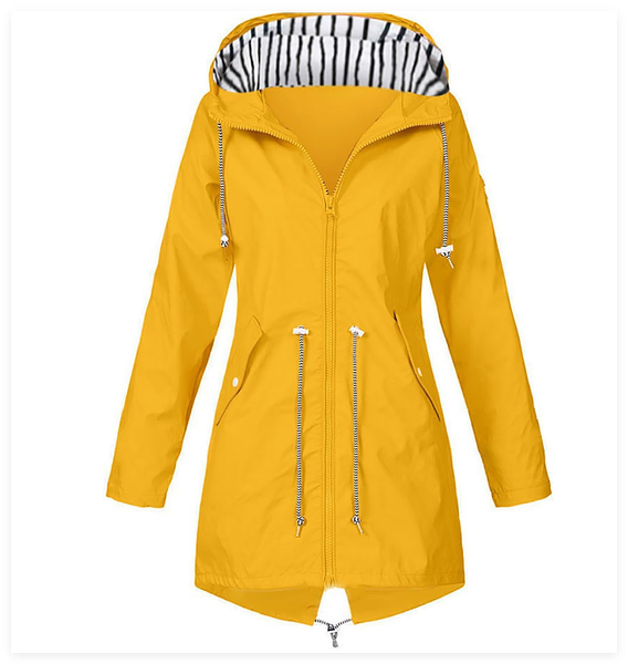 Waterdichte damesjas met capuchon, beschikbaar in Blauw, Geel, Navy, Roze, Rood, Zwart; stijlvol en functioneel.