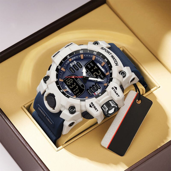 Digitale waterdichte sportwatch voor heren met LED-display, ideaal voor fitnesstracking en robuuste activiteiten in zwart-groen.