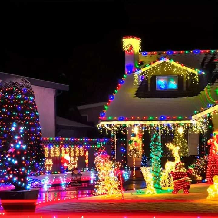 Waterdichte LED lichtslinger op zonne-energie voor sfeervolle tuinverlichting, robuust tegen regen en weerbestendig.