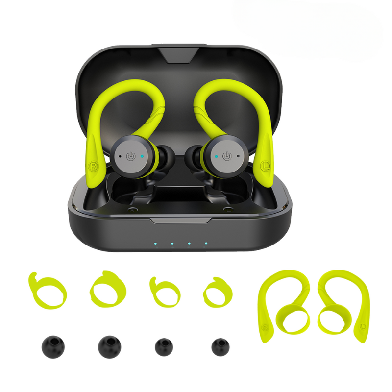 Waterdichte sportoordopjes met Bluetooth, IPX7, 20 uur speeltijd, ergonomisch ontwerp, ideaal voor sport en zwemmen.