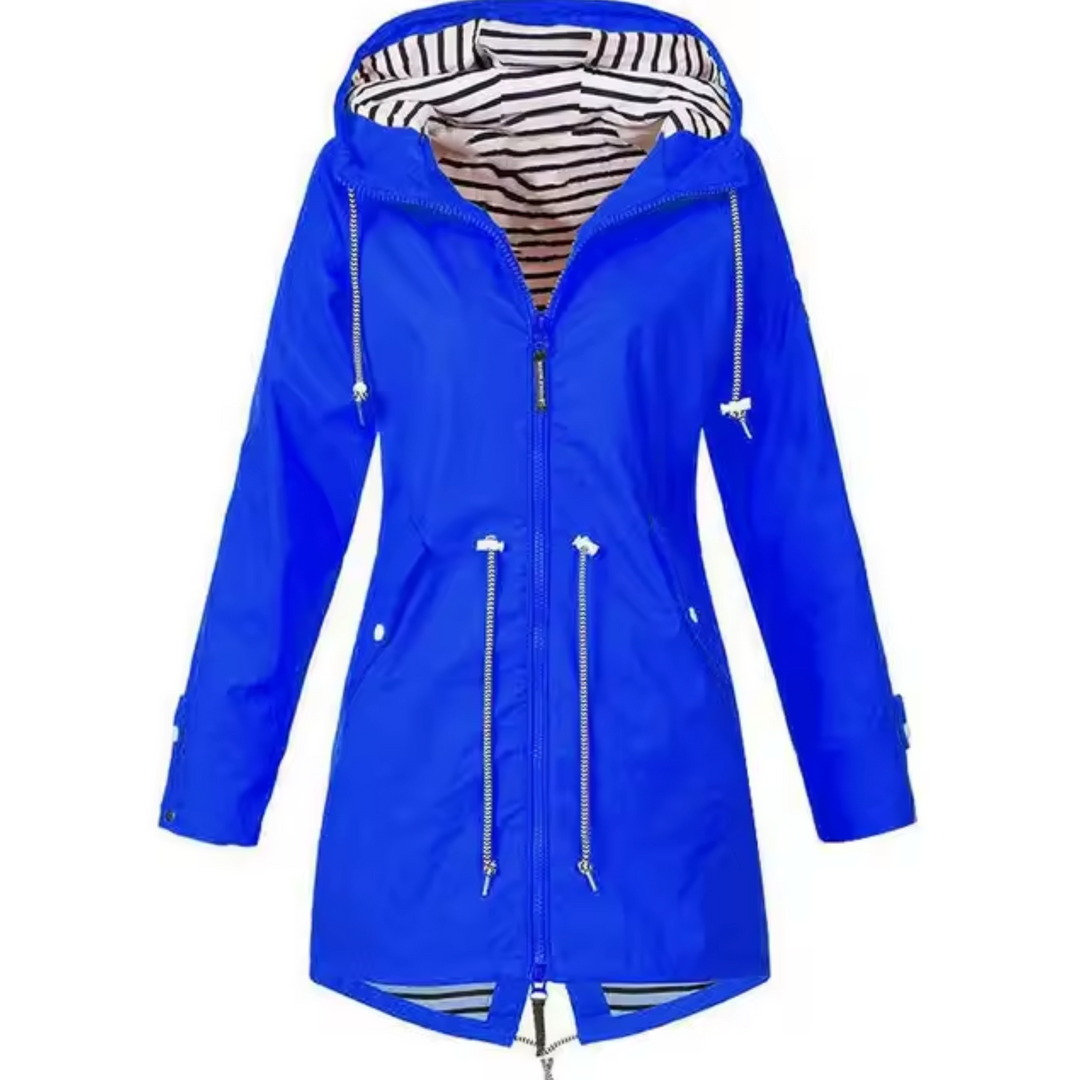 Dames waterdichte windjack met capuchon, blauwe kleur, biedt bescherming en bewegingsvrijheid bij elk weertype.