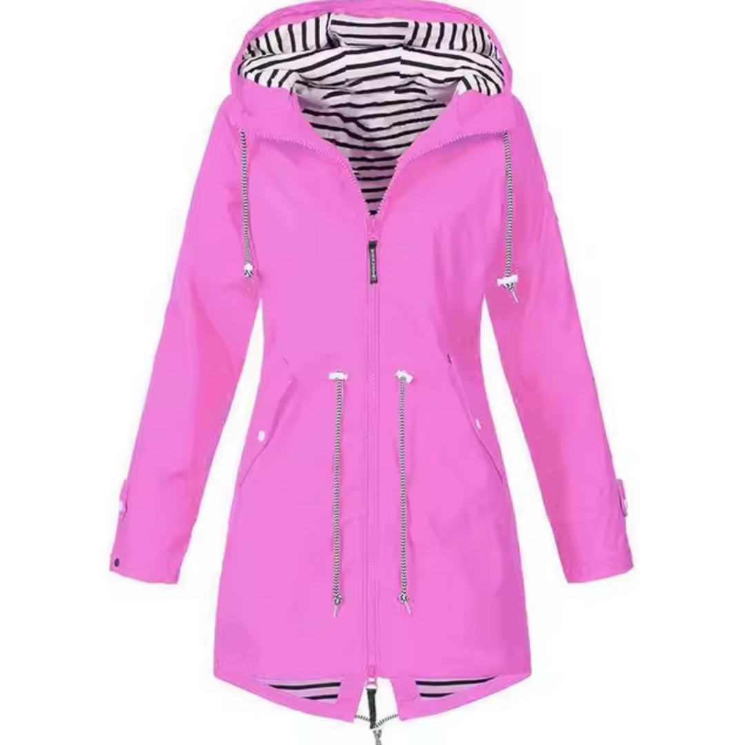 Dames waterdichte windjack met capuchon, blauwe kleur, biedt bescherming en bewegingsvrijheid bij elk weertype.