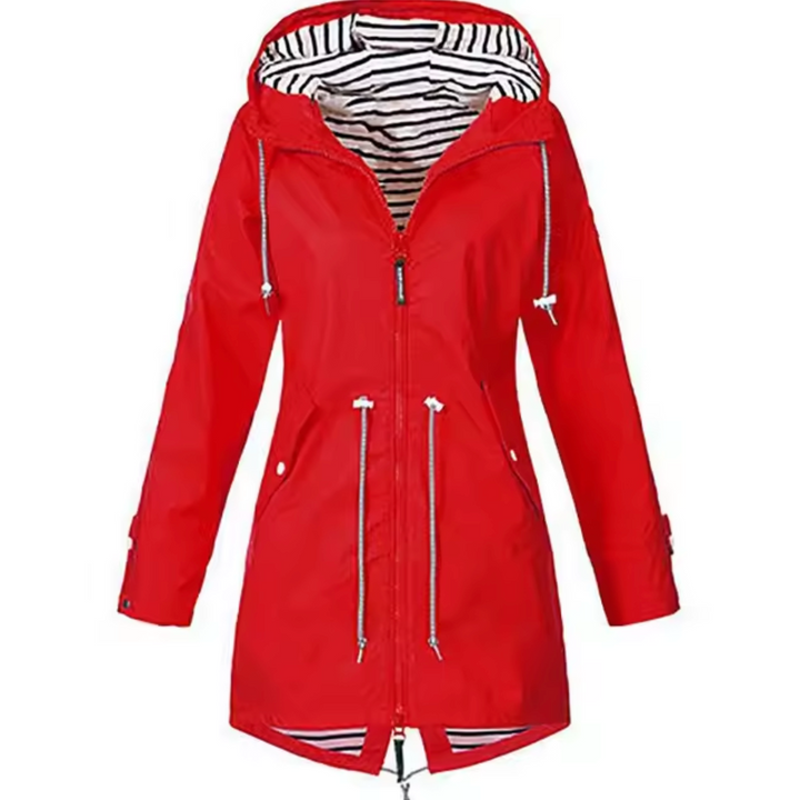 Dames waterdichte windjack met capuchon, blauwe kleur, biedt bescherming en bewegingsvrijheid bij elk weertype.