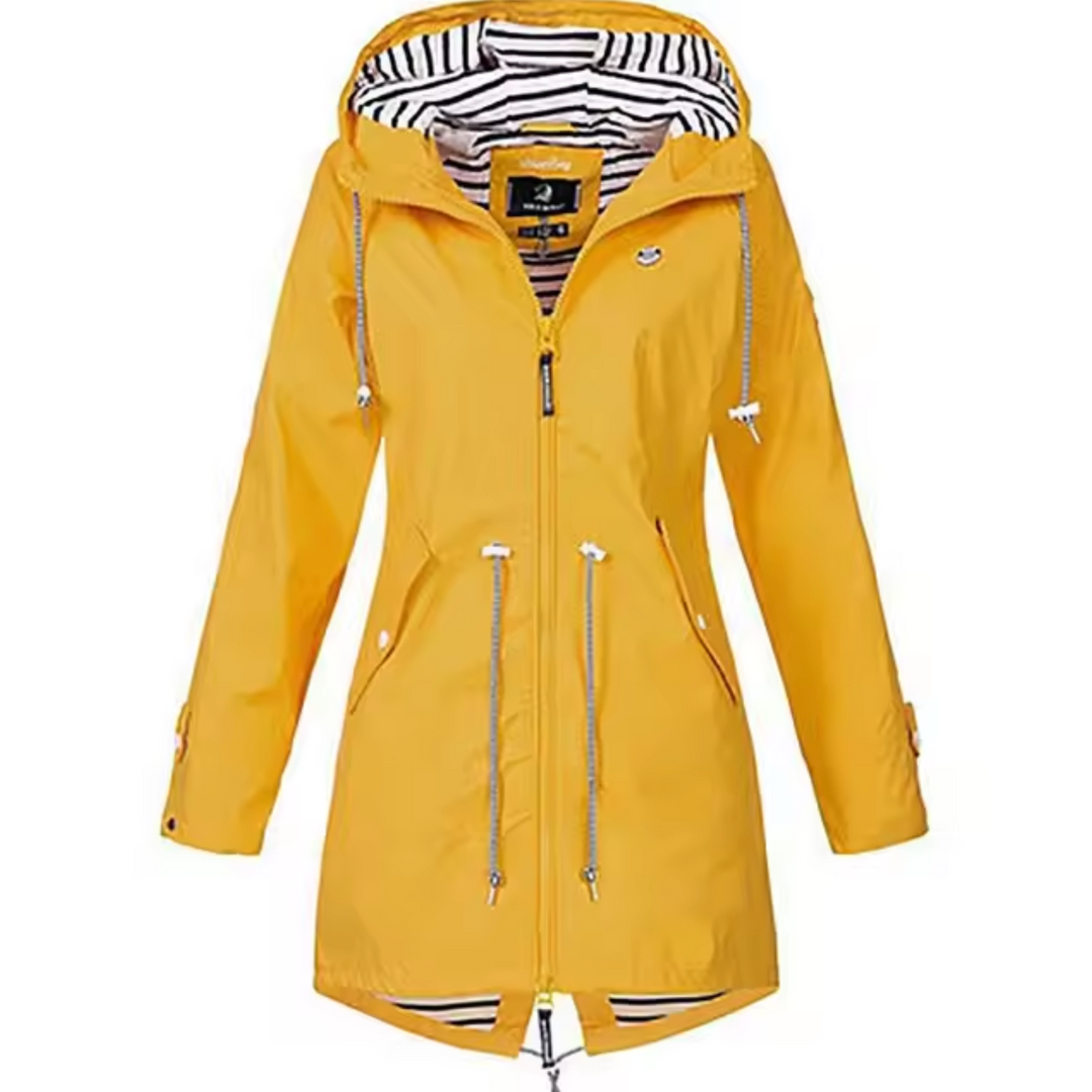 Dames waterdichte windjack met capuchon, blauwe kleur, biedt bescherming en bewegingsvrijheid bij elk weertype.