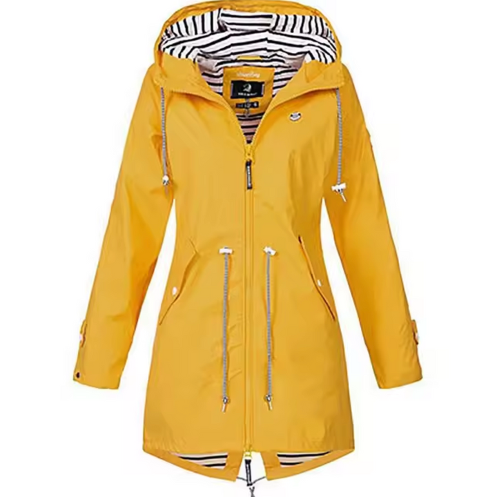 Dames waterdichte windjack met capuchon, blauwe kleur, biedt bescherming en bewegingsvrijheid bij elk weertype.