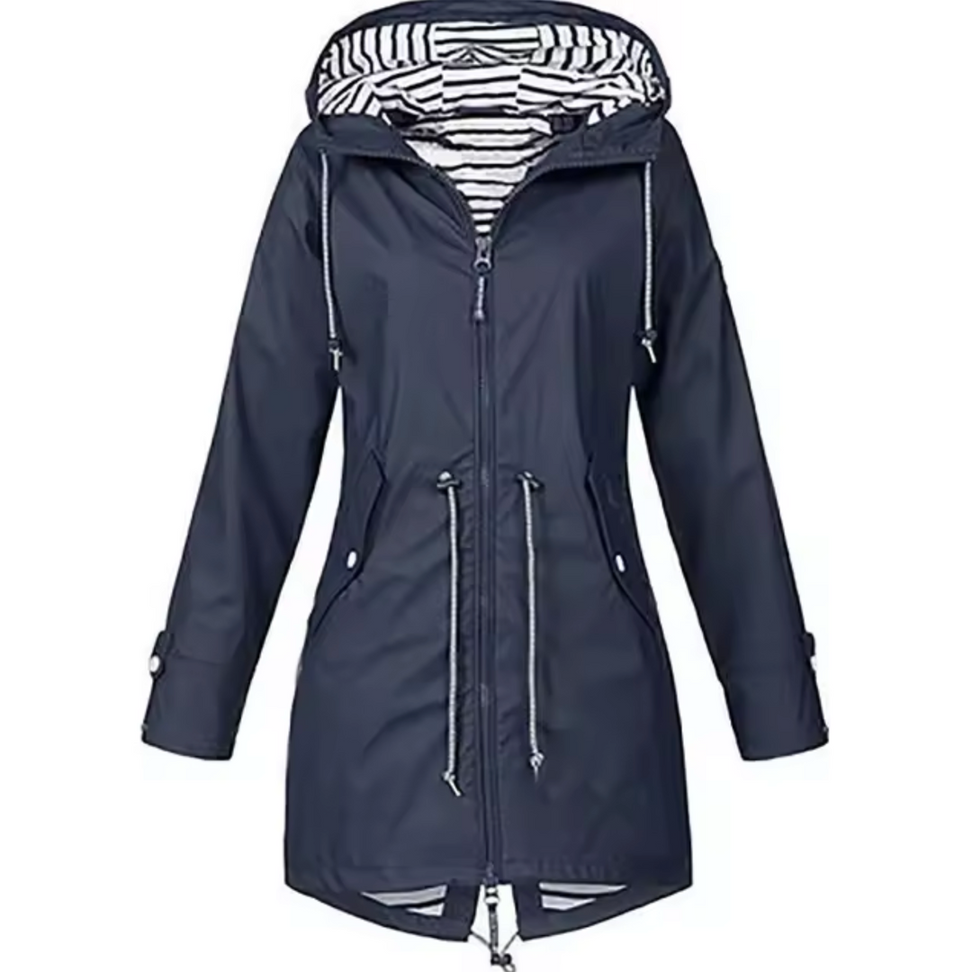 Dames waterdichte windjack met capuchon, blauwe kleur, biedt bescherming en bewegingsvrijheid bij elk weertype.