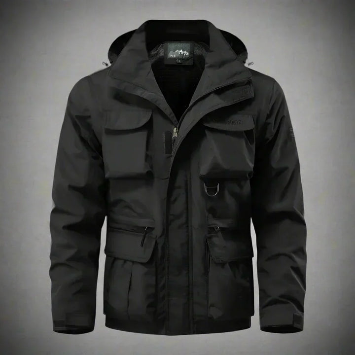 Waterdichte en duurzame heren militaire jas, grijs, met cargo-zakken en versterkte naden, perfect voor regenachtig weer.