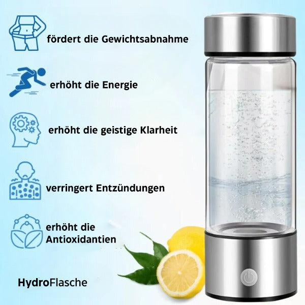 Waterstof waterfles van glas en roestvrij staal, verbetert huidverzorging en vitaliteit, bevordert antioxidatieve hydratatie.