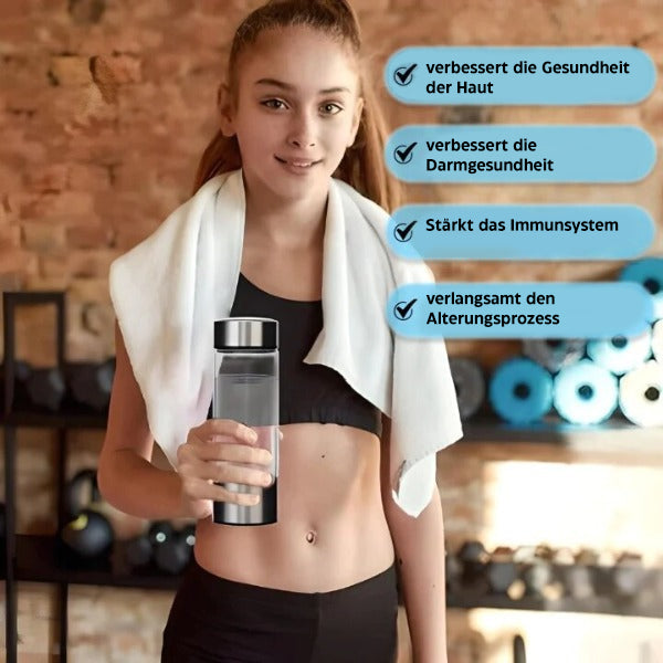 Waterstof waterfles van glas en roestvrij staal, verbetert huidverzorging en vitaliteit, bevordert antioxidatieve hydratatie.