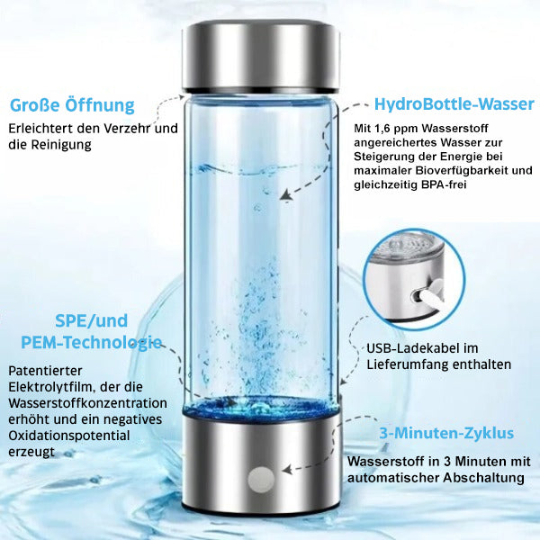 Waterstof waterfles van glas en roestvrij staal, verbetert huidverzorging en vitaliteit, bevordert antioxidatieve hydratatie.