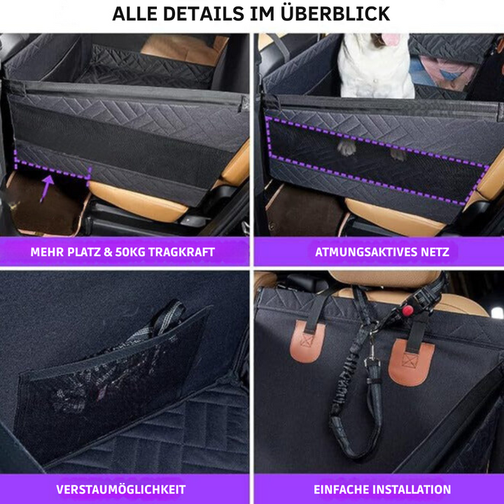 Comfortabele PupProtector Plus veiligheidsmat voor honden in de auto. Zorgt voor veilige en stressvrije ritten.