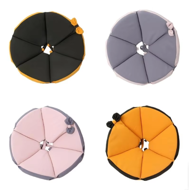 Zachte, geelbruine hondenkraag voor comfort en bescherming na operaties, voorkomt likken en stabiliseert het hoofd.