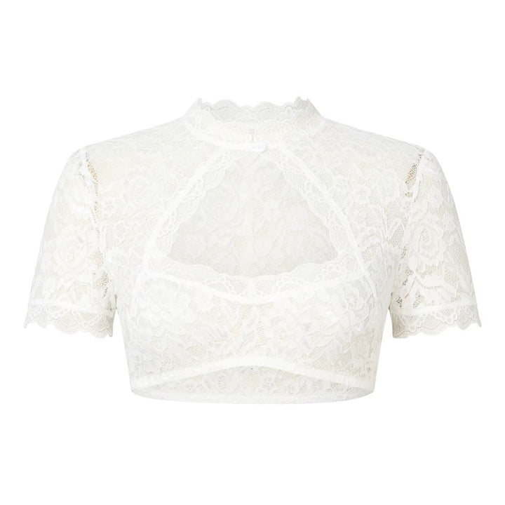 Witte dames dirndl blouse met korte mouwen, traditioneel en elegant, ideaal voor Oktoberfest outfits en feestelijke gelegenheden.