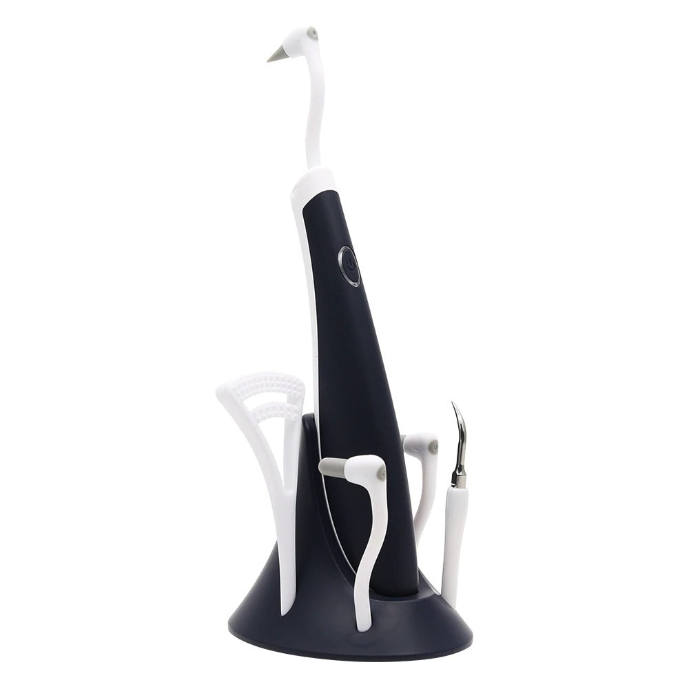 Witte 5-in-1 elektrische ultrasone tandreiniger met elegant design, ideaal voor plaqueverwijdering en mondverzorging thuis.