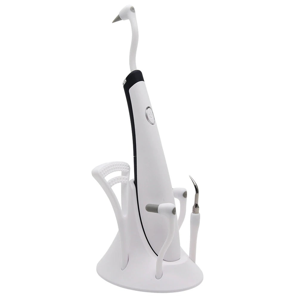 Witte 5-in-1 elektrische ultrasone tandreiniger met elegant design, ideaal voor plaqueverwijdering en mondverzorging thuis.