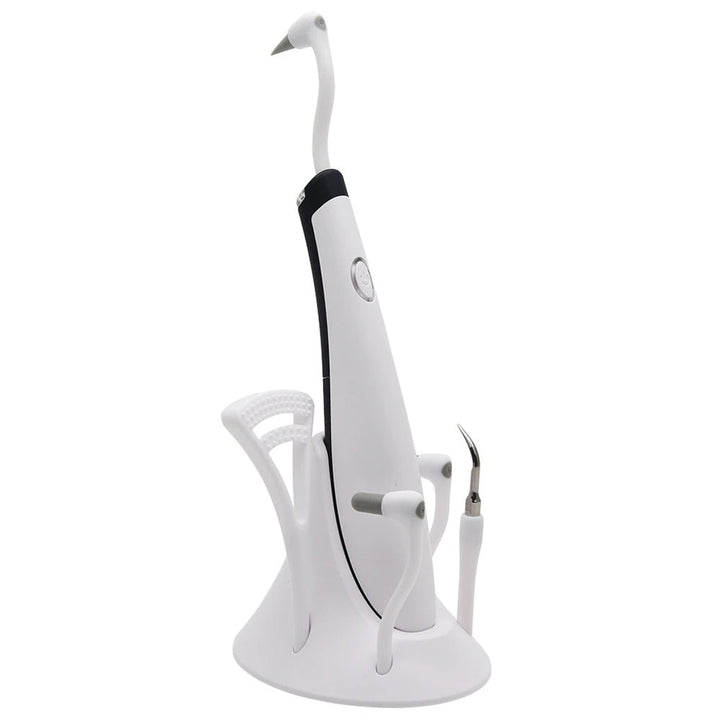 Witte 5-in-1 elektrische ultrasone tandreiniger met elegant design, ideaal voor plaqueverwijdering en mondverzorging thuis.