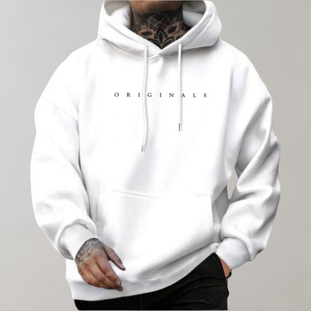 Witte heren hoodie van zacht materiaal, ideaal voor de herfst, met een stijlvol design en comfortabele pasvorm.