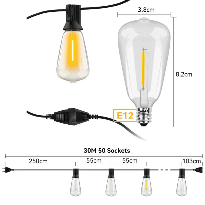 Weerbestendige LED-lichtslinger, 15M & 30M, 's nachts lichtgevend in de tuin, energiezuinig, geschikt voor buiten.