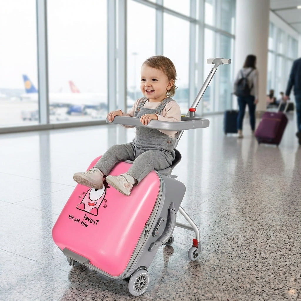 WheeleyKid kinderhandbagage met geïntegreerd zitje, perfect voor vermoeide kindjes op reis.