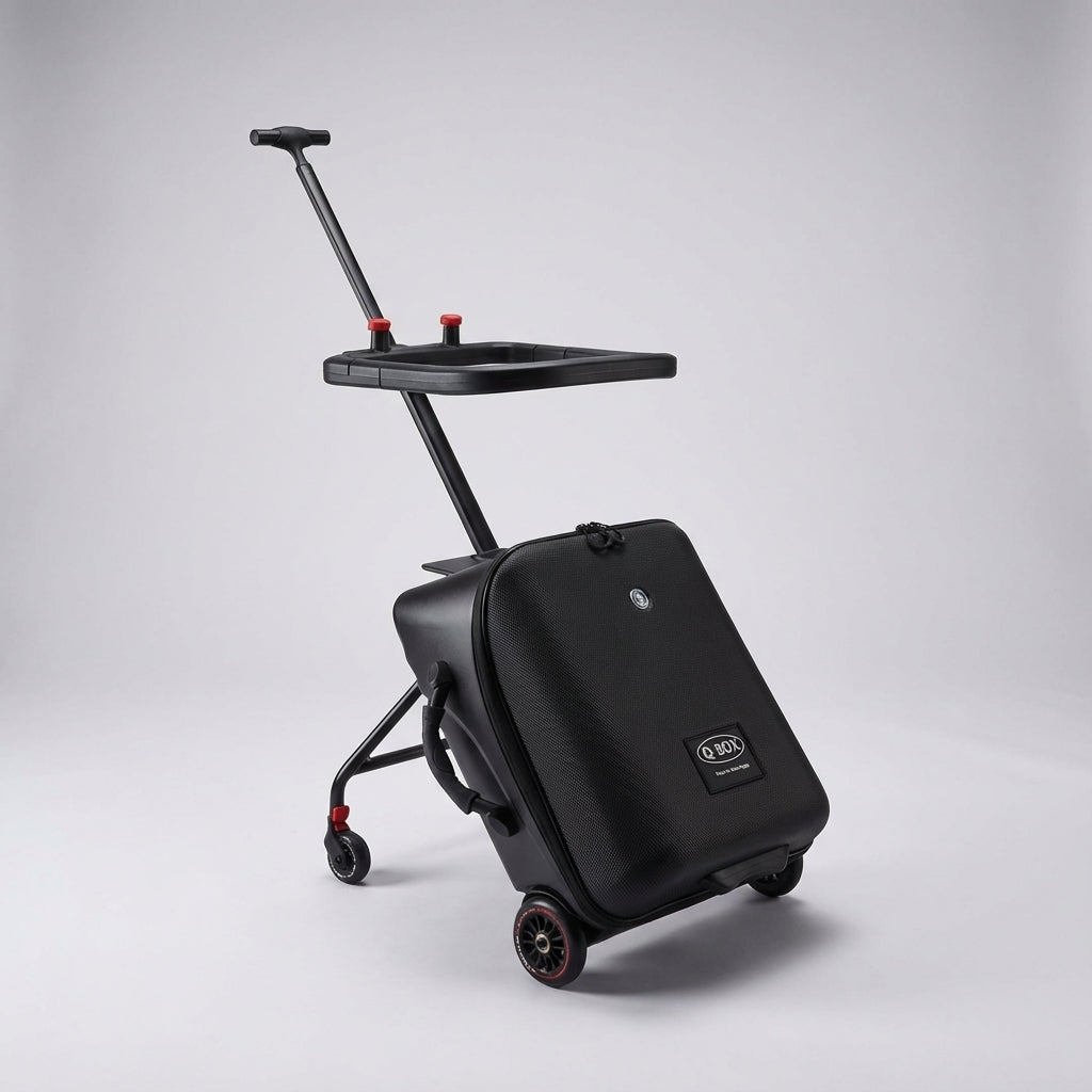 Compacte WheeleyKid kindertrolley met zitje, gemakkelijk te manoeuvreren voor ouders en comfort voor kinderen.