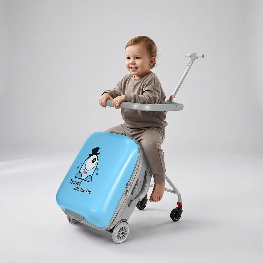 Handige kinderhandbagage met opklapbaar zitje, onmisbaar voor comfortabel reizen met je kind.