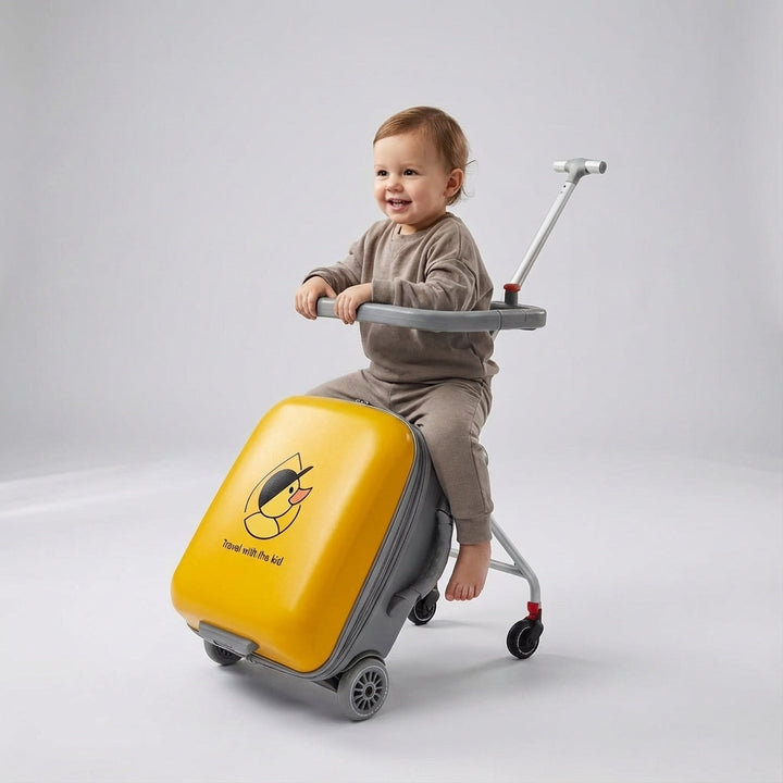 Praktische kinderhandbagage met zitje en wieltjes, vergemakkelijkt elke reis voor ouders en kinderen.