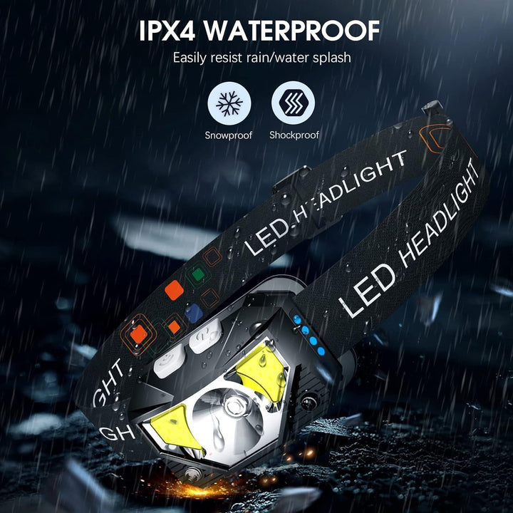 Oplaadbare LED hoofdlamp van 1200 lumen met bewegingssensor, zwart en waterdicht, ideaal voor outdooravonturen.