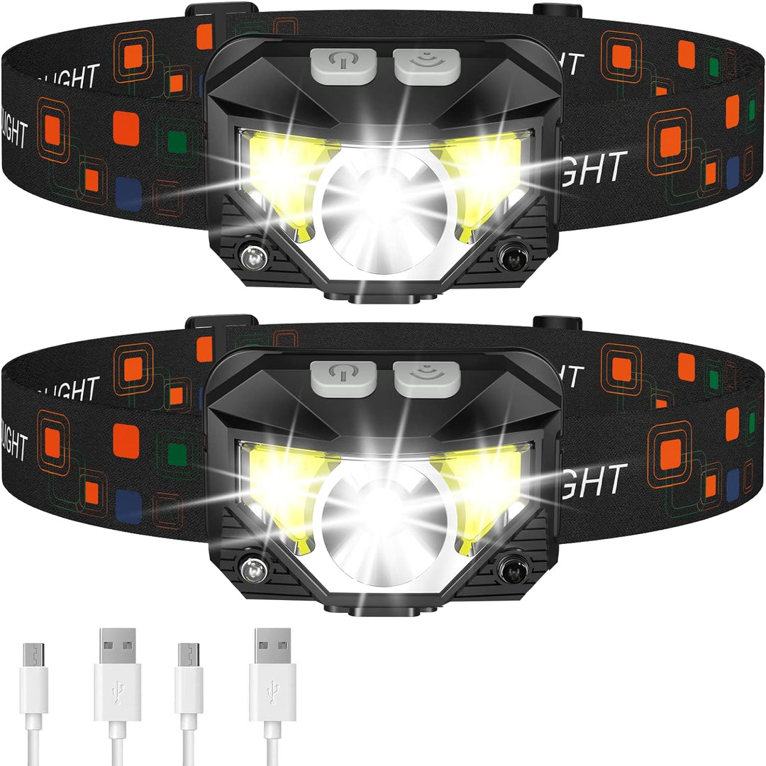 Oplaadbare LED hoofdlamp van 1200 lumen met bewegingssensor, zwart en waterdicht, ideaal voor outdooravonturen.