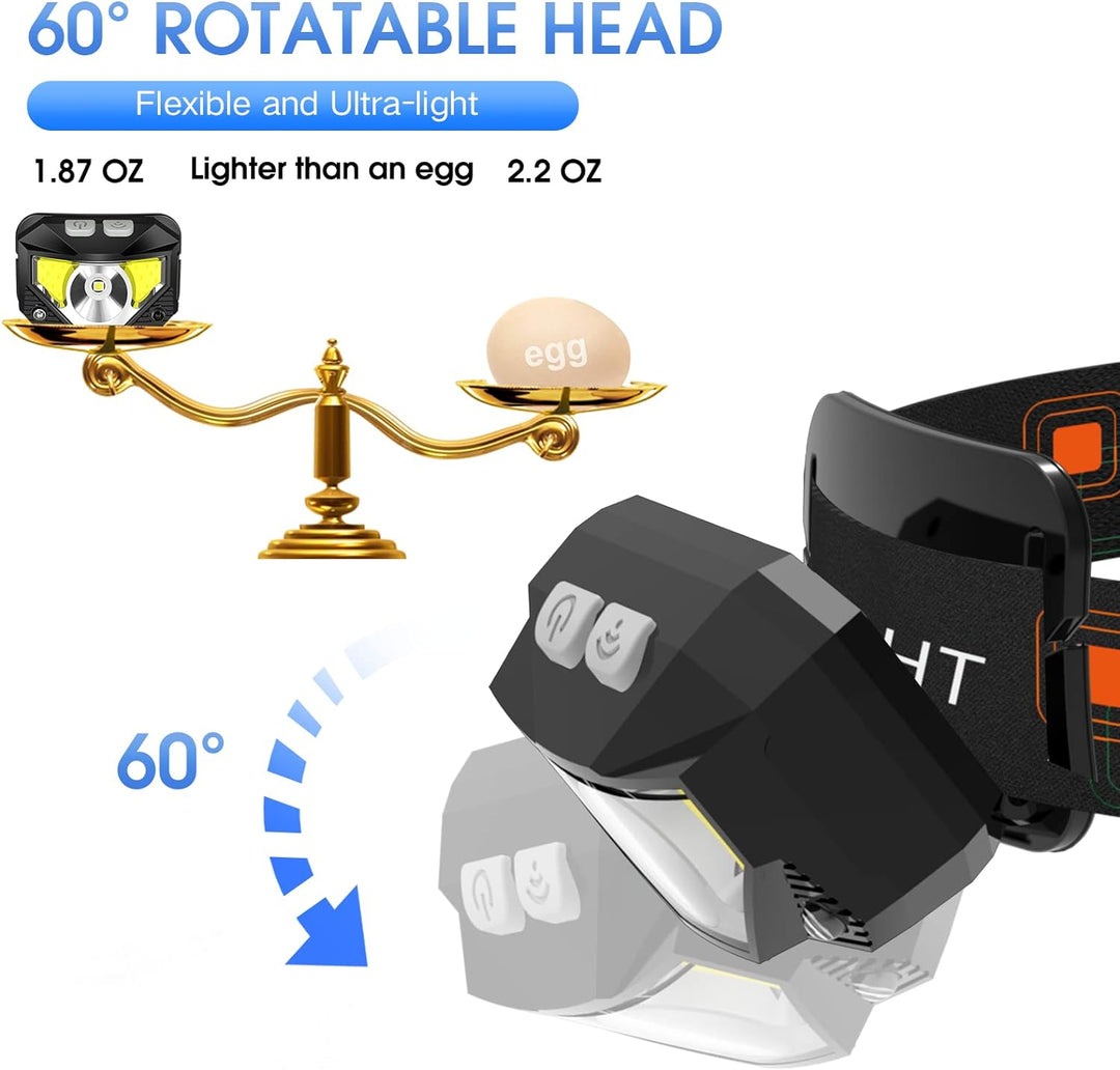 Oplaadbare LED hoofdlamp van 1200 lumen met bewegingssensor, zwart en waterdicht, ideaal voor outdooravonturen.