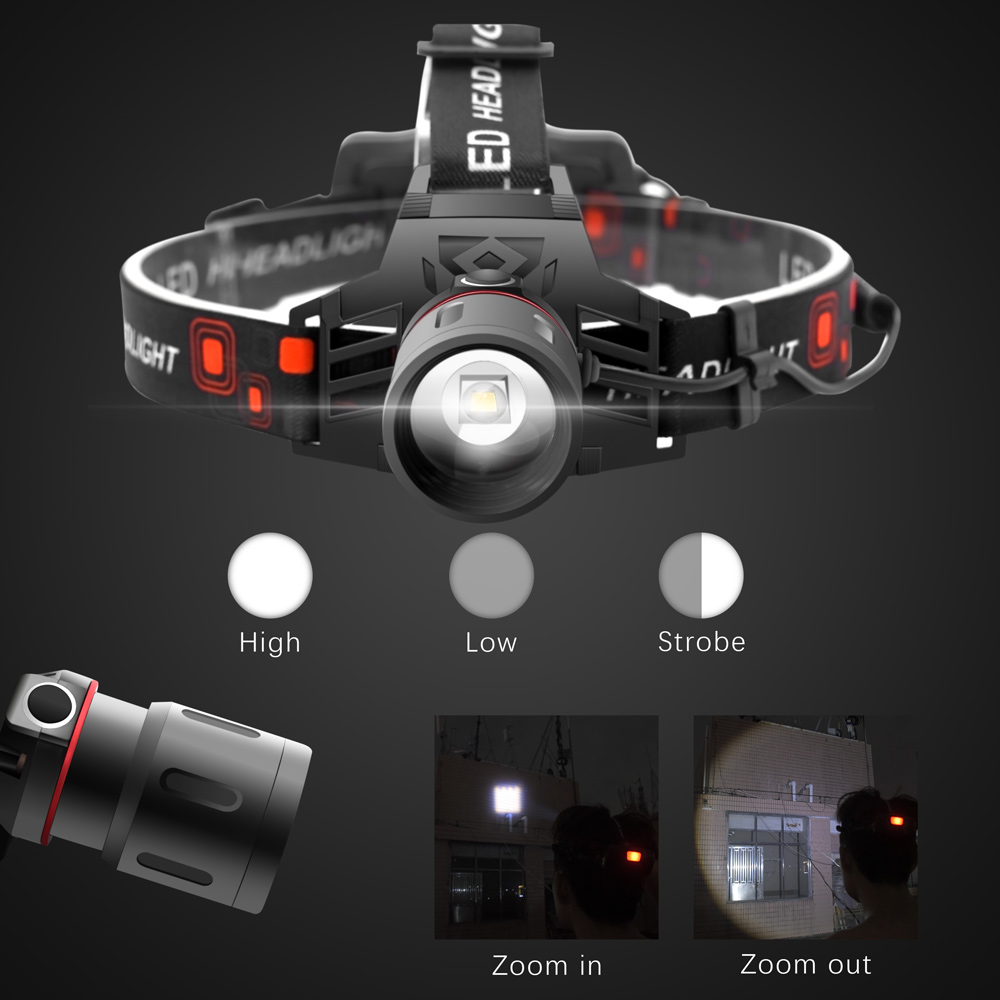 Oplaadbare LED hoofdlamp met wit, rood en groen licht, ideaal voor outdoor avonturen.