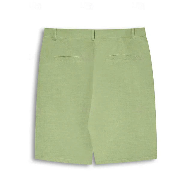 Winston linnen shorts, bruin, zijaanzicht, tonen van de pasvorm en lengte voor heren.